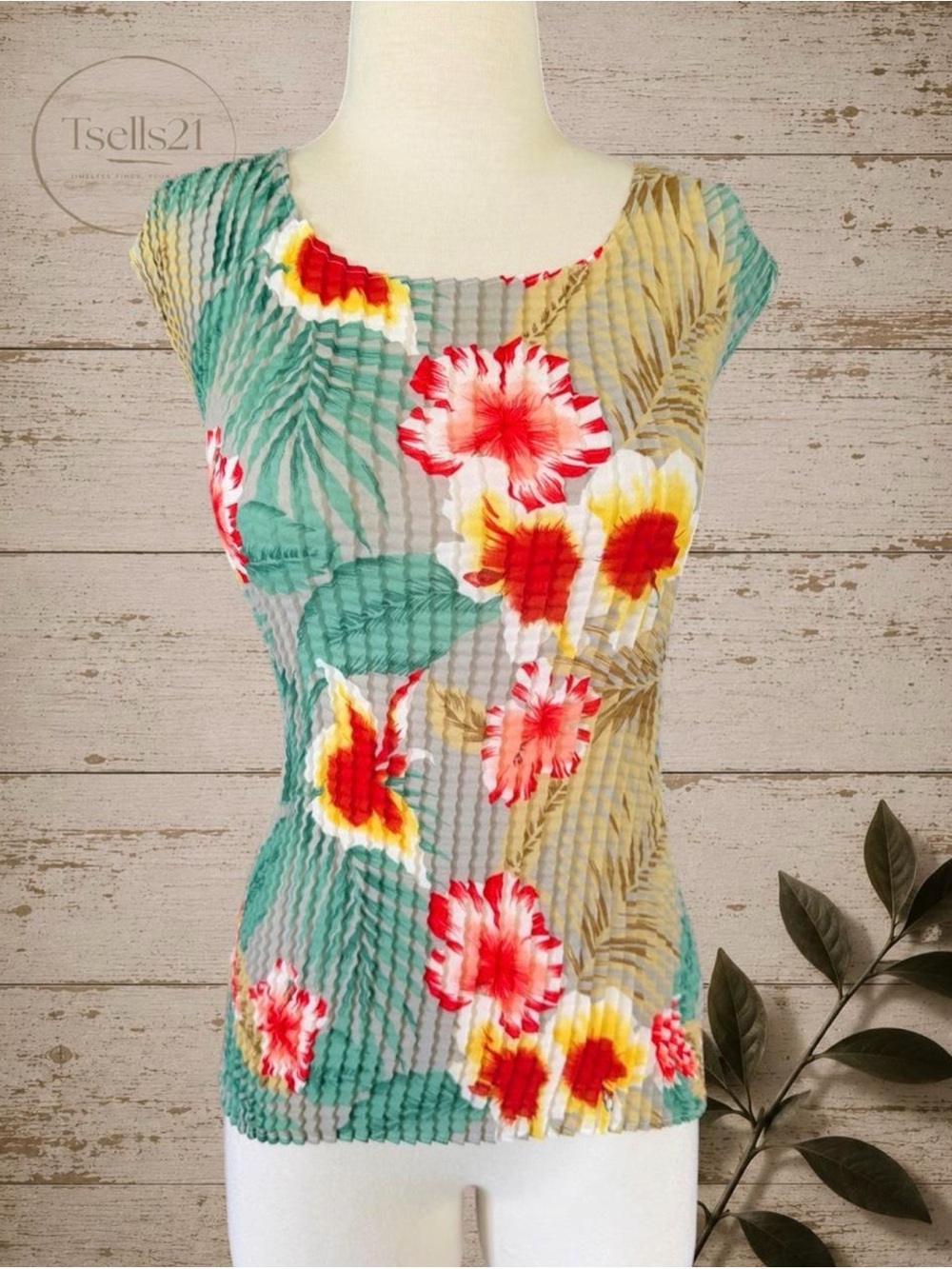 Notations Vintage 90s/Y2K Tropical Micro-Pleated Sleeveless Top - Size M